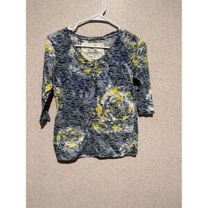 Onque Casual Floral Rhinestone 3/4 Sleeve Top Grey Yellow Womens Medium